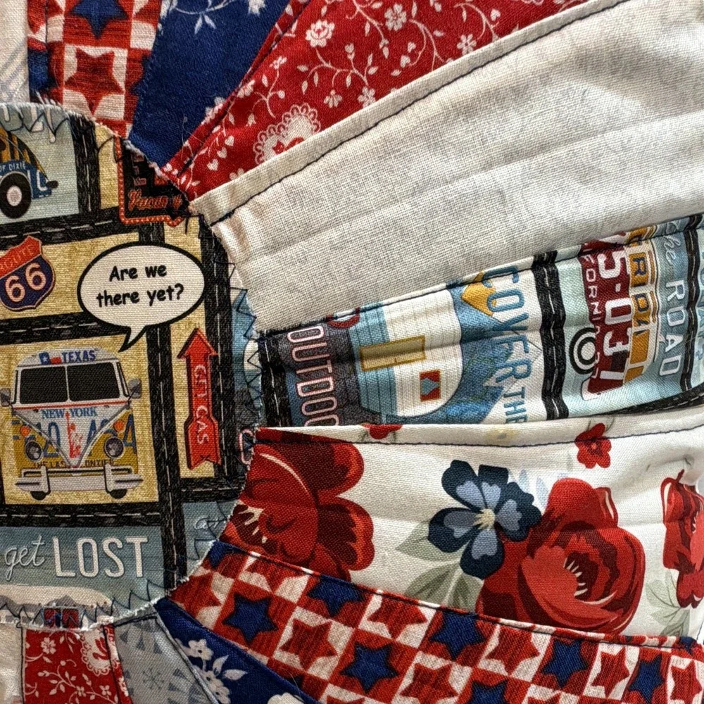 Handcrafted Square Dresden Plate Patchwork Route 66 Patriotic pillow Multicolor